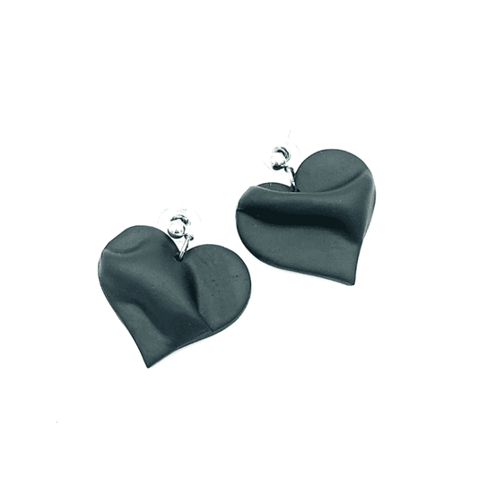 Black Draped Heart Drop Earrings 4x4x0.5cm